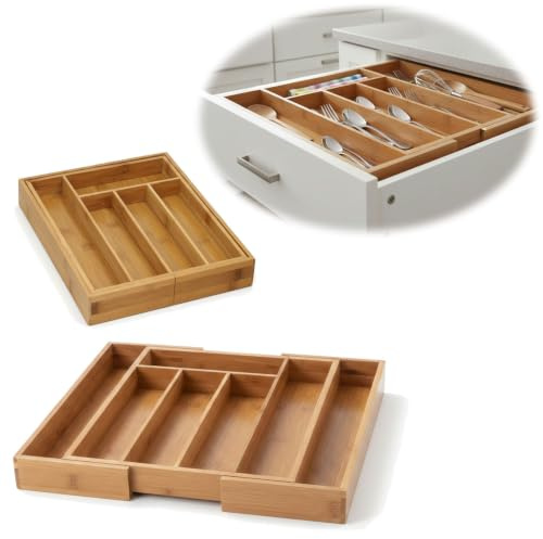 LS-LebenStil Holz Besteckkasten 28-45cm FSC Bambus 5-7 Fächer ausziehbar | Schubladeneinsatz verstellbar variabel für Küchenschubladen Besteckbox Küche Besteck Organizer Schublade Schubladentrenner