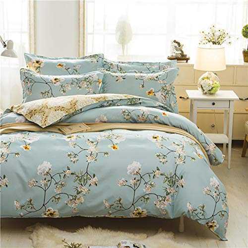 Bettwäsche 155x220cm Blumen Grün Weiß Beige Blumenmuster Wendebettwäsche Set Microfaser Bettbezug und 2 Kissenbezüge 80x80cm mit Reißverschluss