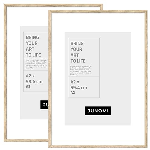 JUNOMI® 2er Set Bilderrahmen DIN A2 (42x59,4 cm) Holz | Farbe Eiche | Posterrahmen mit bruchsicherem Acrylglas | Hoch- & Querformat zur Wandmontage, schmales Profil