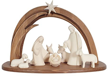 Weihnachts-Set aus Holz, Krippe aus Holz mit Hütte im modernen Stil, hergestellt im Gardenaal, natürliche Version von Figuren (Höhe Josef 8,5 cm)