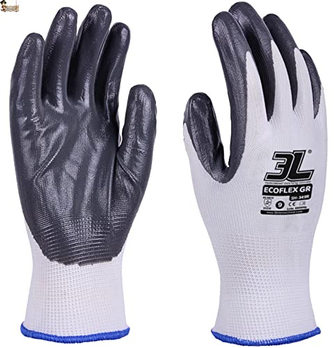 BricoLoco.com Guantes protección trabajo de nitrilo. 12 PARES Mecánico, jardín, albañilería, jardinería, agricultura. Dorso poliéster transpirable. Sin costuras. (12, Talla 7)