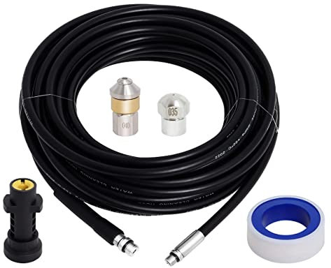 Poweka Kit limpiatubos de 15m compatible con K2, K3, K4, K5, K6, K7, hidrolimpiadora 180Bar 60°C para obturar y limpiar el desagüe