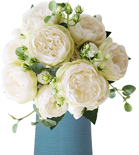 BOMJJOR Pfingstrosen, künstliche Blumen, 3 Stück, Seiden-Pfingstrosen-Arrangement, Blumenstrauß für Hochzeit, Tafelaufsatz, Gartenparty, Heimdekoration, elegante Vintage-künstliche Pfingstrosen (weiß)