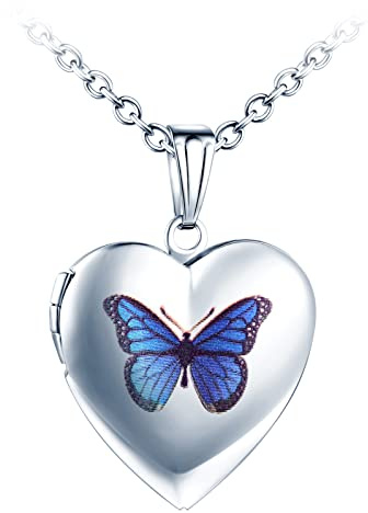 Yumilok Medaillon Kette Damen Halskette Liebesherz Schmetterling Amulett Medaillon zum öffnen für Bilder Foto Geschenke für Freundin Frau Mutter