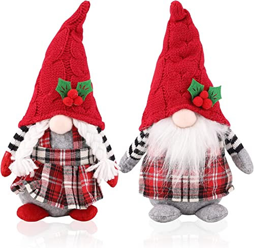 KAHEIGN 2 Pezzi Bambola di Peluche Gnomo di Natale, Plaid Rosso Gnomi di Peluche Lavorati a Mano Bambola Elfo Nano Gonk Seduto per Camini Ufficio Natale Festa Decoro (27cm x 14cm)