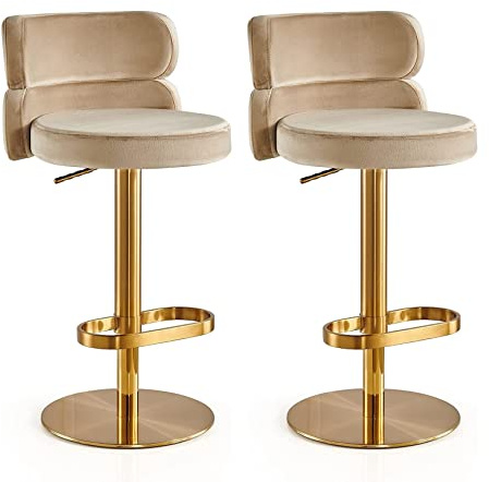 Verstellbare Drehbare Barhocker aus Samt 2er-Set, Barhocker Mit Rückenlehne, Armlose Küchentheke, Hohe Barstühle, Edelstahl, Titangold, for Esszimmer, Offene Küche, Frühstück ( Color : Gold , Size : C