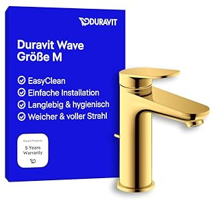 Duravit Wave tvättställskran, storlek M (pip höjd 111 mm), kran badrum med dragstång avloppsarmatur, kran handfat, guldpolerad