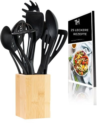 Thiru XXL 10 Teiliges Küchenhelfer Set - ultra hitzebeständig - inkl. E-Book mit 25 Rezepten - Spülmaschinengeeignet - Qualität Made in Germany - inkl. Utensilienhalter