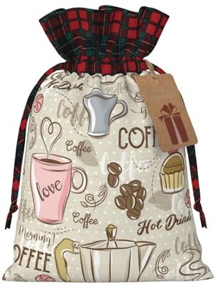 Sacchetti regalo di Natale con coulisse vintage macchina da caffè espresso cupcakes fagioli stampati sacchetti regalo di Natale riutilizzabili a tema natalizio sacchetti per bomboniere confezione