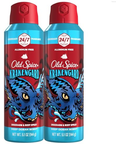 Old Spice Aluminum Free Body Spray for Men, 24/7 Odor Protection, 24/7 Lasting Fragnance & Freshness, Cologne Quality Scent, Krakengard with Deep Ocean Scent, 5.1 oz (Pack of 2)