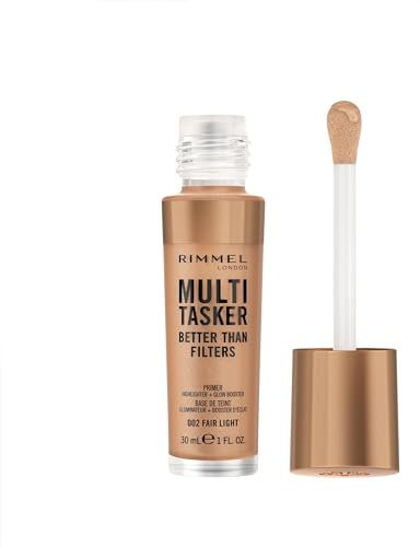 Rimmel Multi-Tasker Better Than Filters, 001 Fair, Primer Viso, Glow Booster e Illuminante, Formula Vegana, Leggera, Antietà, Pigmenti che Riflettono la Luce, Maxi Applicatore Soft-Touch, 30ml