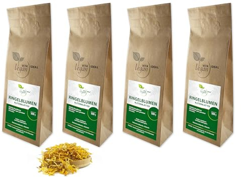 VITA IDEAL Vegan® RINGELBLUMEN - Blütenblätter 4x 100g getrocknet - Calendula - Ringelblumenblümenblätter - RINGEL BLUMEN BLÜTEN BLÄTTER - Kräuter Tee & Aufguss, ohne Zusatzstoffe.
