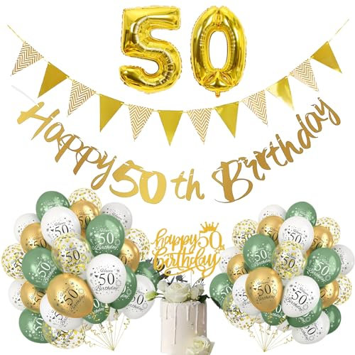 50th Birthday Decorations Set for Women - 24Pcs Sage Green, White, Gold Balloons, Happy Birthday Banner, Foil Balloon, Ribbon, Cake Topper for Her, Him, Men - 50 Year Old Party