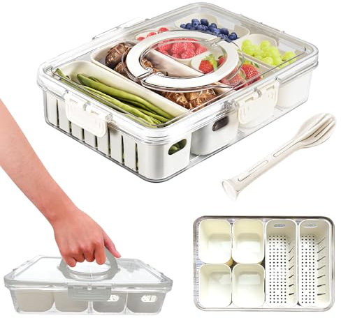 KunpengZen Snack Tray with Lid, Rectangular Removable Individual Dishes Snackle Box, Transparent Divided Serving Tray with Lid and Handle for Spices, Candy, Fruits, Nuts, Snacks, Party, Picnic