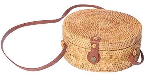 Kleine Leder-Umhängetasche, Rattan, Strandtasche, rund, handgewebt, Retro-Kuriertasche, Luxus-Leder-Aktentasche für Herren, gelb, Einheitsgröße