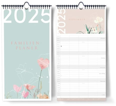 Familienkalender 2025 mit 5 Spalten I Großer Familienplaner [Türkis, Blumen] I Kalender Familie I Monatskalender Okt 2024 - Dez 2025, mit Ferien- und Feiertagen, Stundenplänen uvm...
