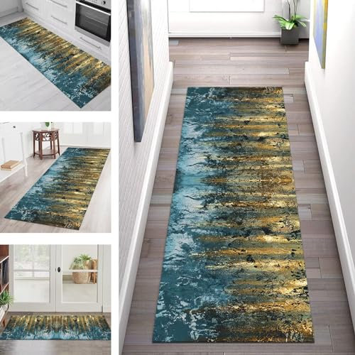Teppich Läufer Lang Küche Flur Teppichläufer Rutschfest Waschbar Küchenläufer Teppichmatten Blau Braun Grün 3D Schmutzfangmatte 120X400CM Meterware Flurteppich Wohnzimmer Schlafzimmer Küchenteppich
