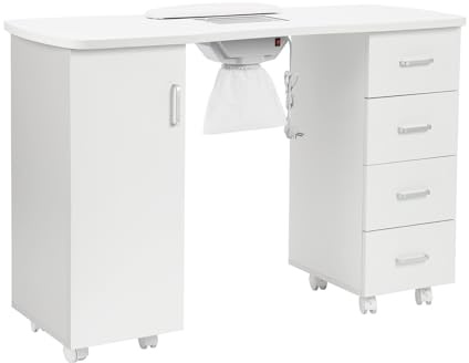 DARDVORLAG Nageltisch mit Staubabsaugung & Handauflage – 120×45×76,5 cm, Manikürtisch mit 3 Schubladen & Schrank, MDF, mit Rollen & Bremse, Weiß, für Studio & Zuhause