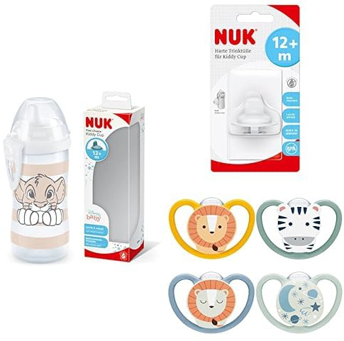 NUK First Choice Lion King Kiddy Cup with bite resistant spout, an extra replacement spout and Space Day and Night Soother 4PK, 12mnths+