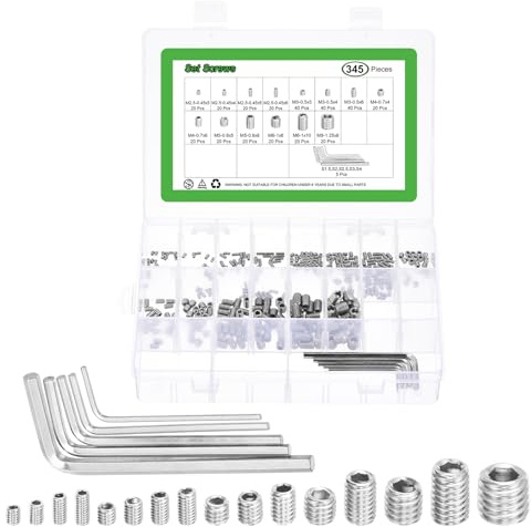 sourcing map Socket Set Grub Screws, 340Pcs M2.5/M3/M4/M5/M6/M8 Metric - 304 Stainless Steel Hex Socket Cup Point Allen Screws with Hex Wrenches for Repairing Door Handles, Faucet (Silver)