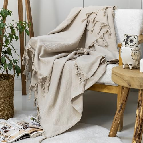 Milam London Manta Suave | Manta 100% algodón para sofás | Manta de Cama Doble | Manta de sofá Grande de 2 plazas | Colcha tamaño Doble | Colección Joanna | Beige - 170 x 250 cm