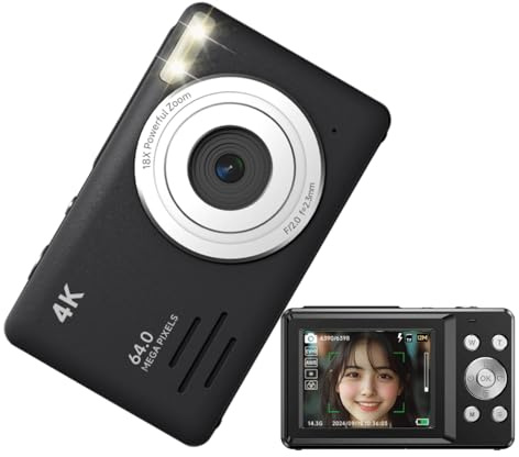 4K 64MP Digital Camera with Tripod,Point and Shoot Digital Camera with 18X Digital Zoom,Autofocus UHD Compact Camera,800mAh Battery Capacity,,Portable Mini Camera for Kids Beginners Teenagers