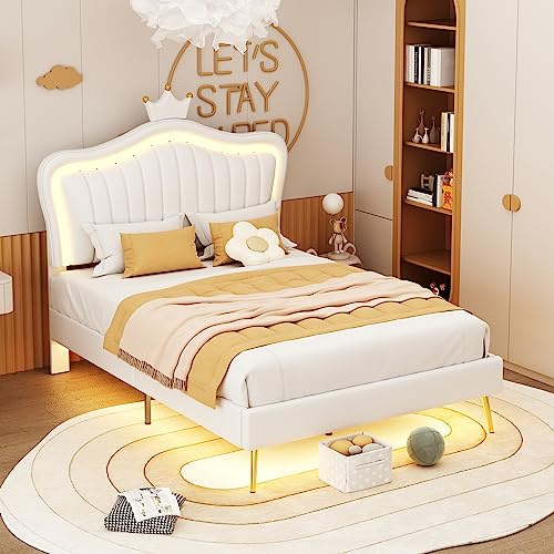 Wiuzo Kinderbett Polsterbet 90 x 200 cm, Bettgestell für Mädchen, weißes Kronen-Doppelbettgestell aus PU-Leder mit LED-Leuchten, Lattenrost und Rückenlehne(Matratze Nicht enthaltet)