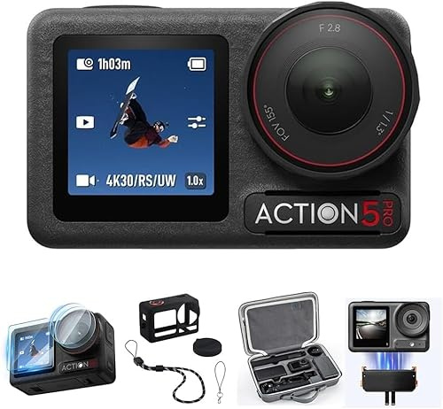 DJI Osmo Action 5 Pro Standard Combo mit Aufbewahrungstasche + Panzerfolie + Magnetfuß + Schutzhülle, wasserdichte Kamera mit 1/1,3“ Sensor, 4K/120fps Video, Motivverfolgung, Dual OLED Touchscreens