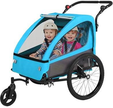 Sepnine 2-in-1 Kids Bike Trailer and Stroller with Suspension – Bike Trailer for 1 to 2 Children, Jogging Function, Foldable, 5-Point Harness, Spacious Storage, with Bug Screen and Weather Shield