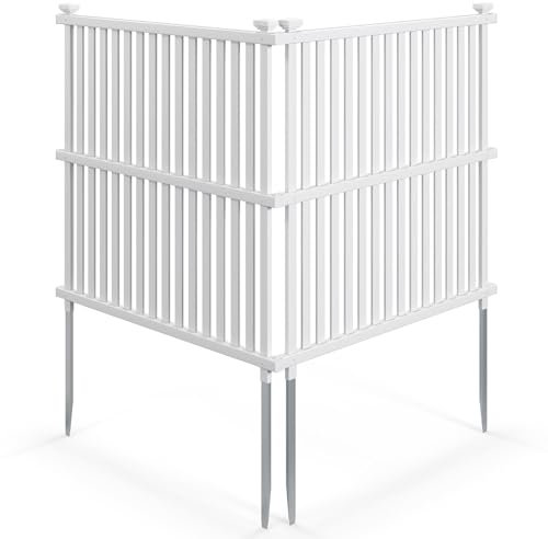 GOPLUS Valla de Jardín de 2 Paneles 113 x 114 CM, Valla Decorativa de Listones de PVC con Estacas de Tierra, Valla de Privacidad para Aire Acondicionado, Cubos de Basura y Equipos de Piscina