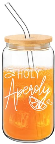 FloralGrace Aperol, bicchieri in vetro con coperchio e cannuccia, Holy Aperoly, regalo da donna, per cocktail, regali aperol, set regalo