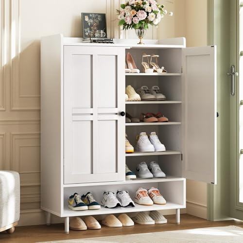ComfyCorner Shoe Cabinet with Cross Molding Doors, 6-Tier Storage, White | 45'' Tall Shoe Storage Organizer with 3 Adjustable Shelves & Metal Legs, Freestanding Wood Shoe Rack for Entryway, Front Door