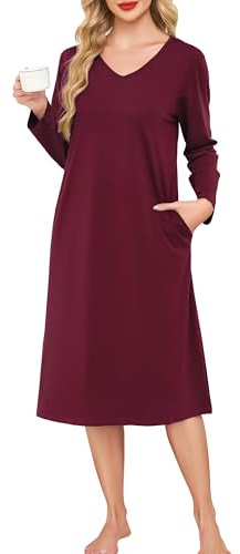 Wikoan Chemise de Nuit Femme en Coton Chemise de Nuit Longue Super Doux Robe Hiver Pyjama à Manches Longues Col en V avec Poches S-3XL