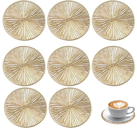 ARYIMYDP 8 Pezzi Sottobicchieri, Riutilizzabili e Resistenti Calore, Sottobicchieri con Motivi Geometrici, per Cucina, Soggiorno, Camera Letto, Ufficio, Caffetteria o Bar (10 cm di Diametro, Dorati)