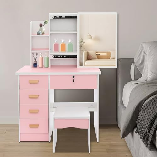 HINOPY Sminkbord med spegel, 5 lådor, 80 × 35 × 128 cm, Rosa, med pall, för hus, lägenheter, sovsal, låsbart, modernt, upp till 100 kg