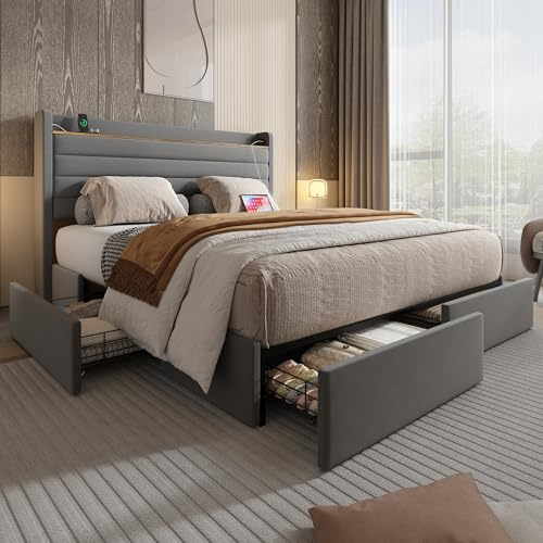 BXEYXE Moderno marco de cama tapizado de terciopelo. Cabecero con puerto USB y función de almacenamiento. 4 cajones en la parte inferior del marco de la cama. 140 x 200 cm. Gris