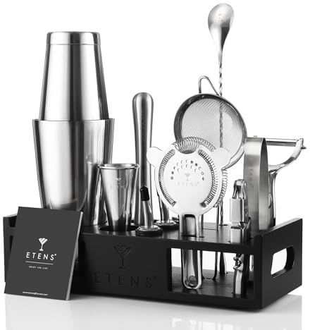 ETENS Juego de coctelera para Mezclar Bebidas, Accesorios para Bar, 15 Piezas, Incluye coctelera Boston, medidor japonés, colador, abridor de Botellas, Cuchara mezcladora de cóctel, Soporte de Madera