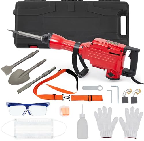 2200W Demolition Jack Hammer, Electric Jack Hammer with 4Pcs Chisels Bit Set, Heavy Duty Power Hammer Metal Concrete Breaker Jack Hammer Electric Tool Kit with Case & Gloves, High Power & Durable