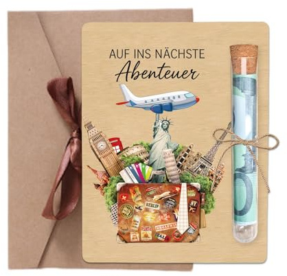 THXFUNAREA Geldgeschenk Reise mit Umschlag, Originelle Geburtstag Geldgeschenk Holz 10 x 13cm, Flugzeug Urlaub Geschenk Verpackung mit Reagenzglas, Flitterwochen Geld Geschenk Holz Deko