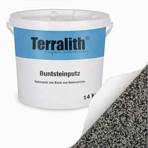 Terralith Buntsteinputz 14kg in weiß, Sockelputz für Innen und Außen mit Reinacrylat Bindemittel aus Naturstein, 1-2mm Körnung (BSP02)