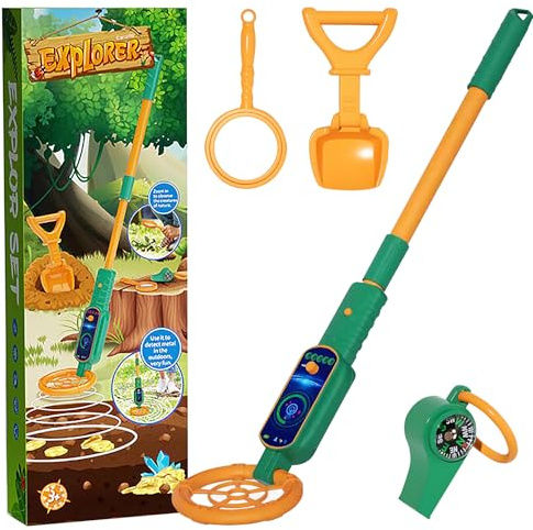 Seruno X Detector de metales para niños, caza del tesoro juguete al aire libre | Carcasa ligera de ABS, mango ajustable de 60 a 80 cm, indicador LED, pitido, juego completo de exploradores