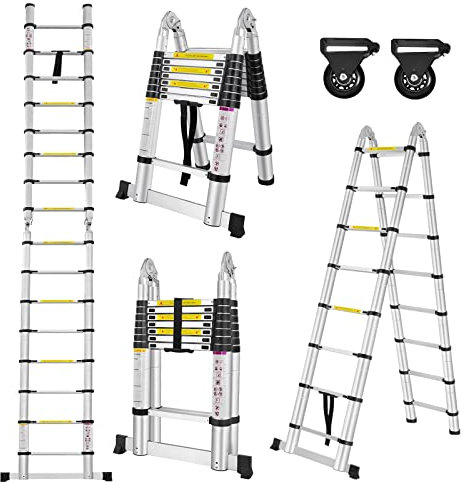LARS360 5.0M Klappleiter Teleskopleiter Multifunktionsleiter Ausziehleiter Anlegeleiter Mehrzweckleiter Ausziehbare Leiter 16 Stufe Stehleiter aus Hochwertigem Aluminium Belastbarkeit 150KG
