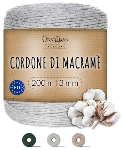 Creative Deco Corda Macrame 3mm x 200m Filo Cotone Grigio Chiaro | Cotone per Uncinetto | Filo Macramè 3mm (+-0.5mm) Fettuccia per Borse a Uncinetto, Macrame da Parete | Spago Decorazioni, Cordino