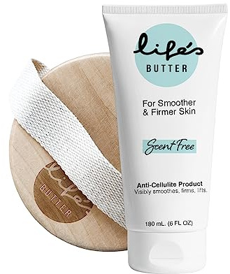 Life's Butter Anti-Cellulite Cream with L-Carnitine, Coenzyme Q10 | Skin Smoothening Natural Product | Fights Cellulite and Stretch Marks | 6 fl oz (Scent-Free) + Dry Brush