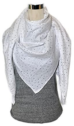 Musselintuch Weiss mit silberne Sterne XXL Halstuch, Wickeltuch Schal,Dreieckstuch aus Musselin Tuch Stola Handmade Schal einlagig