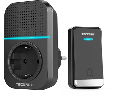 TECKNET Campanello senza fili, 400 m, campanello per porta IP65, impermeabile, campanello elettronico, campanello per porta con funzione di ricarica e luce LED, 60 melodie a 5 livelli volumi, nero