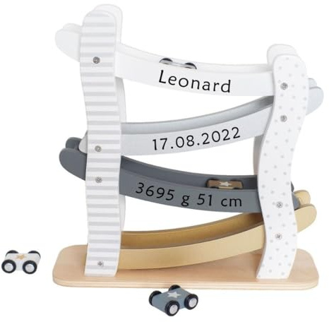 Kugelbahn mit Personalisierung - Rennbahn aus Holz mit 4 Autos 29 x 29 x 10 cm Motorik-Spielzeug individuell