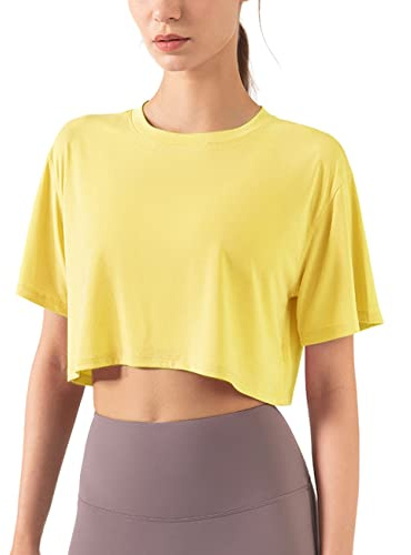 Femmes Aptitude Entraînement Hauts Courts Manche Courte Yoga Tee Shirts Athlétique Fonctionnement Chemises de Sport Jaune Clair L