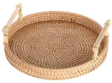 Handgeflochtenes rundes Tablett in Rattan mit Griff Obstkorb Lebensmittellagerung Flache Wand hoch für Frühstück Getränk Snack Kaffee