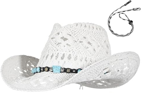 EOZY Men & Women's Summer Cowboy Cowgirl Straw Hat Hollow Out Style Roll Up Brim Beach Sun Hat for Ladies White Blue Band